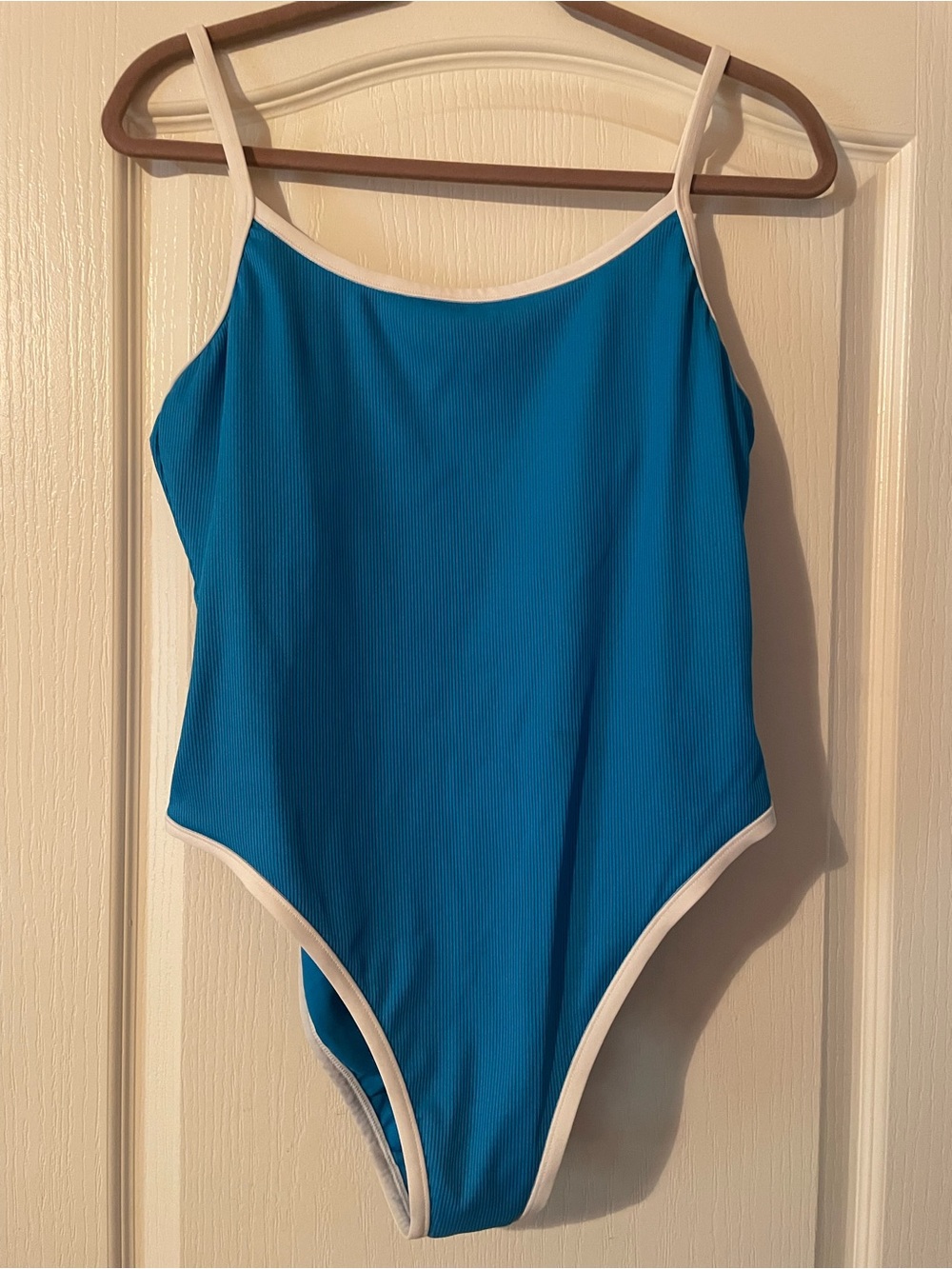 Womens Blue One-Piece Swimsuit with White Trim